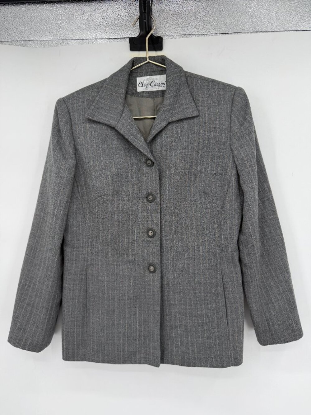 Vintage Oleg Cassini Women’s 6 Gray Pinstripe 100% Wool Blazer Shoulder Pads